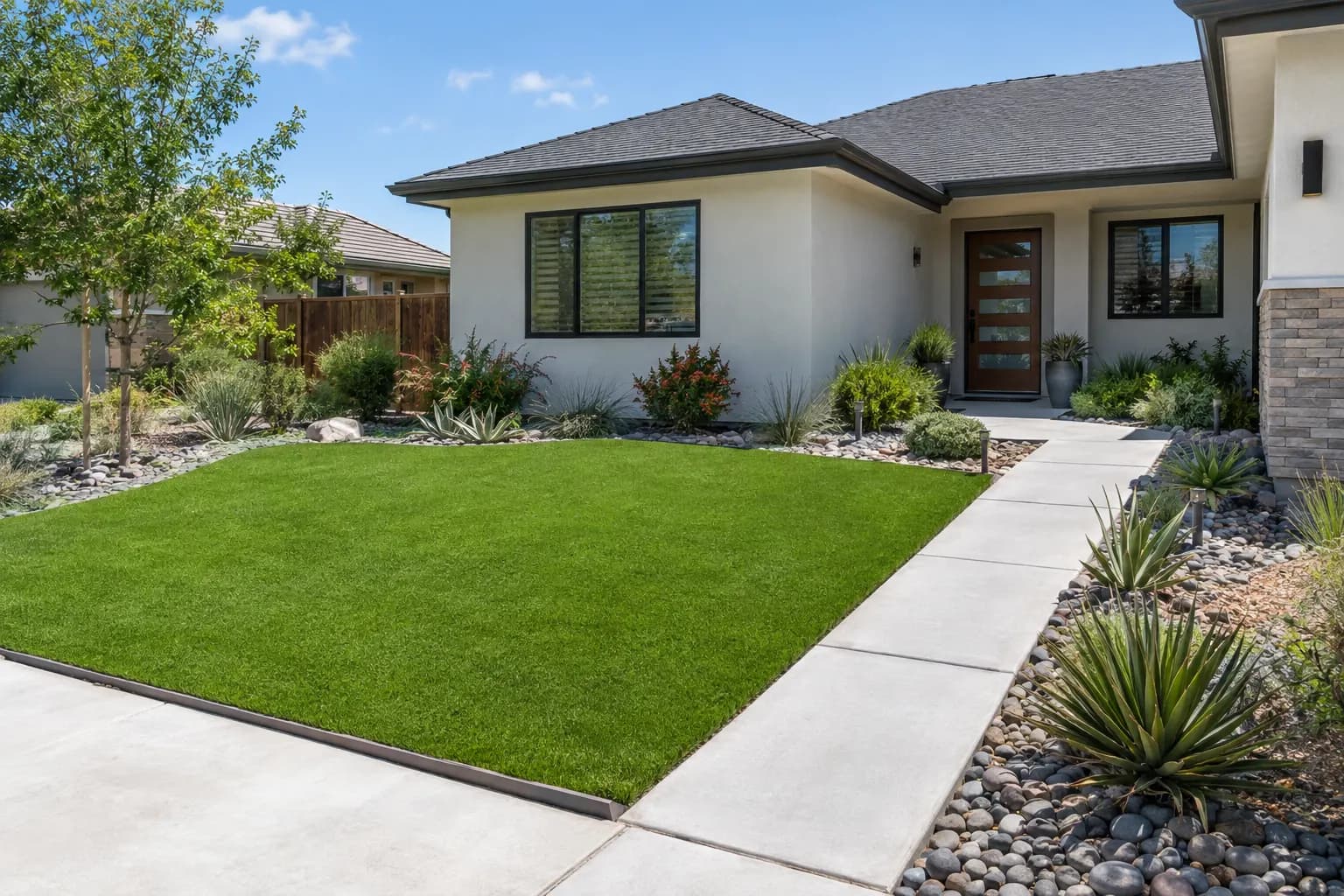 A front yard with an artificial lawn beside a concrete walkway