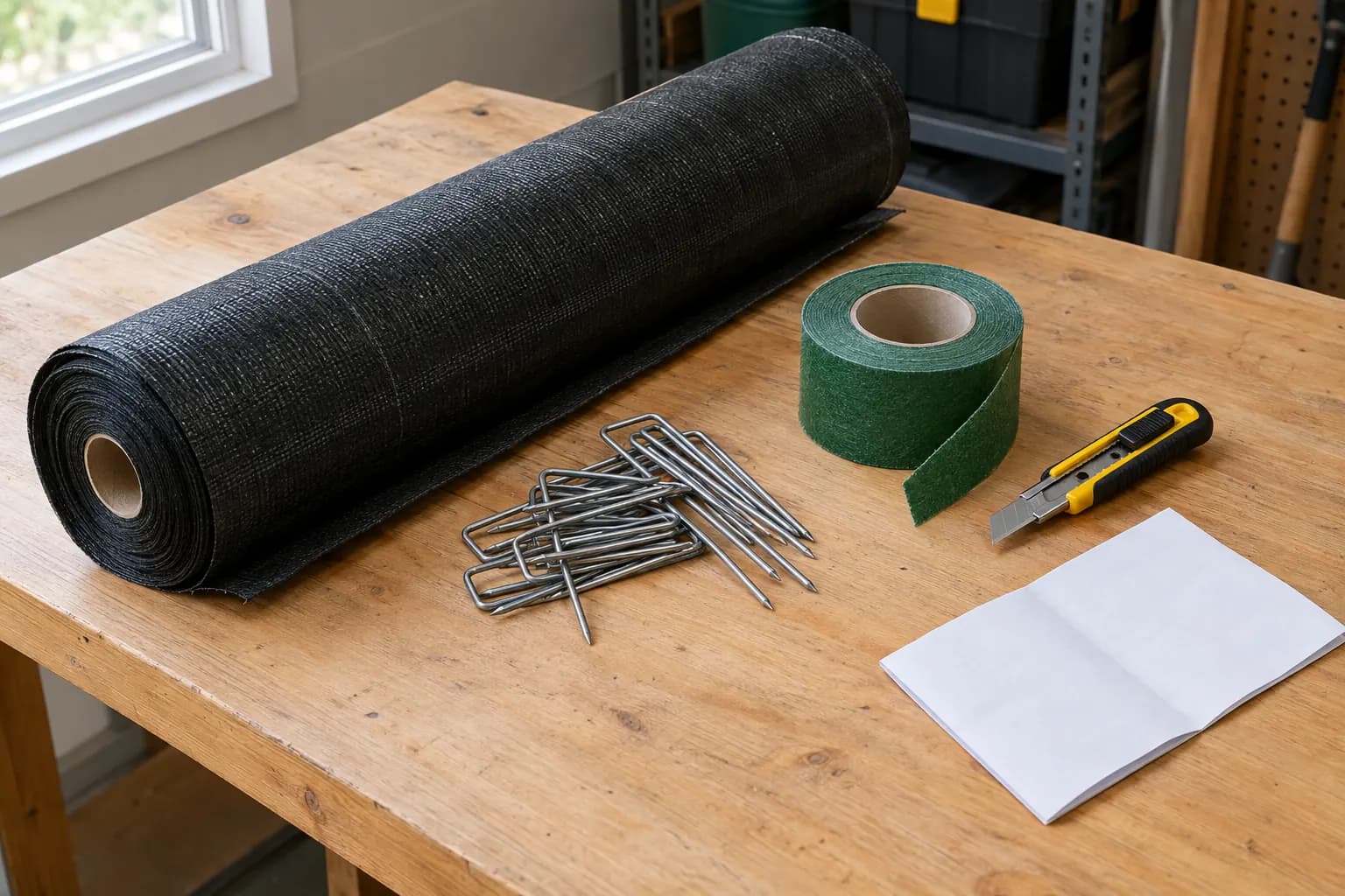 A roll of weed barrier, landscape staples and seam tape on a workbench