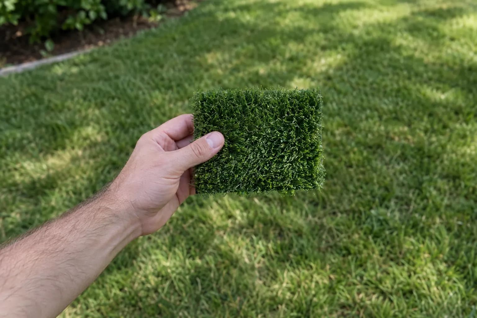 A hand holding a small square of artificial turf over a lawn